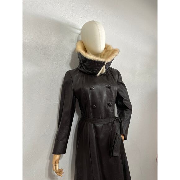 VTG Stunning 70s Leather Fur Funnel High Neck Trench Penny Lane Coat M Brown - Picture 4 of 16